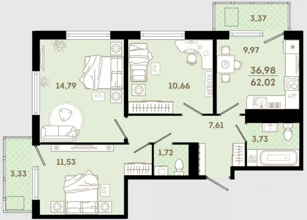 3-к кв. Санкт-Петербург ш. Суздальское, 18к3 (62.02 м) - Фото 1