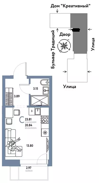 Квартира-студия: Тюмень, улица Андрея Кореневского, 5к1 (23.81 м) - Фото 0