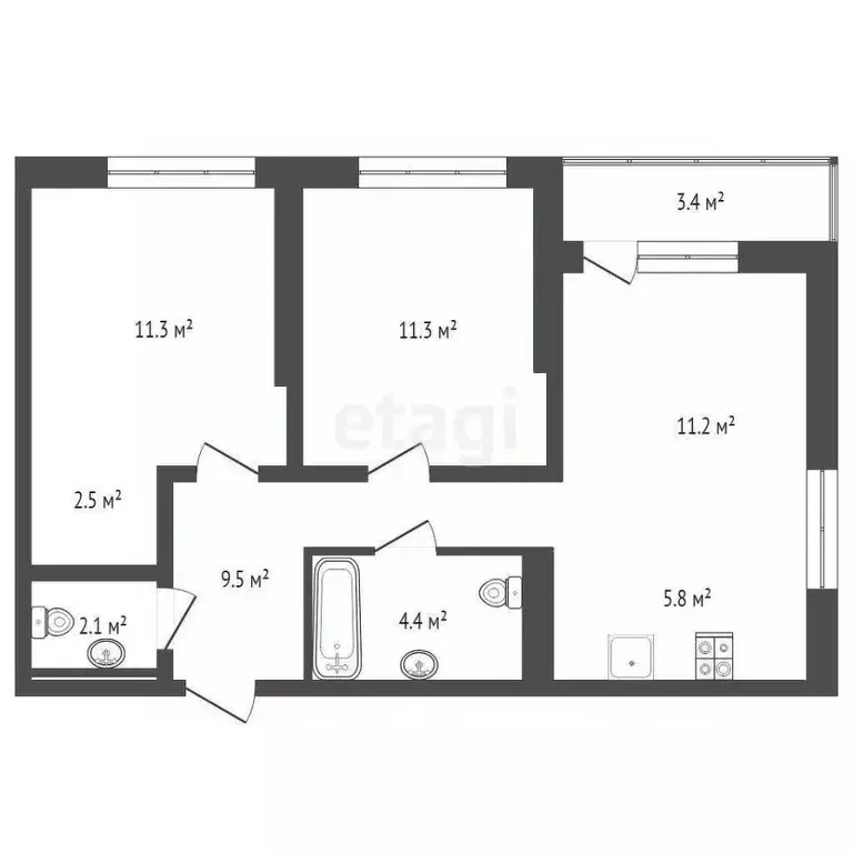 2-к кв. Тюменская область, Тюмень ДОК мкр, ул. Воронинская, 47 (58.8 ... - Фото 1
