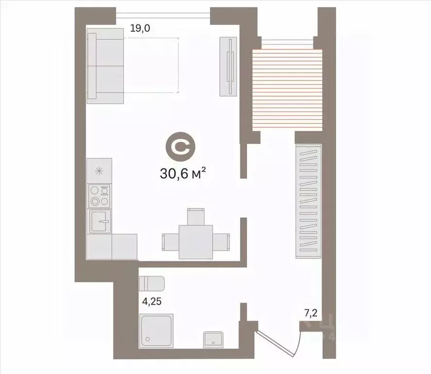1-к кв. Тюменская область, Тюмень ул. Ю.-Р.Г. Эрвье, 32к1 (30.6 м) - Фото 2