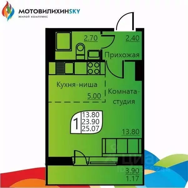 1-к кв. Пермский край, Пермь ул. Гашкова, 58 (23.8 м) - Фото 0