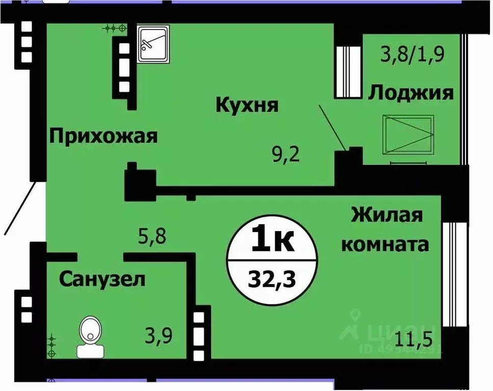 1-к кв. Красноярский край, Красноярск Лесопарковая ул., 43 (31.8 м) - Фото 0