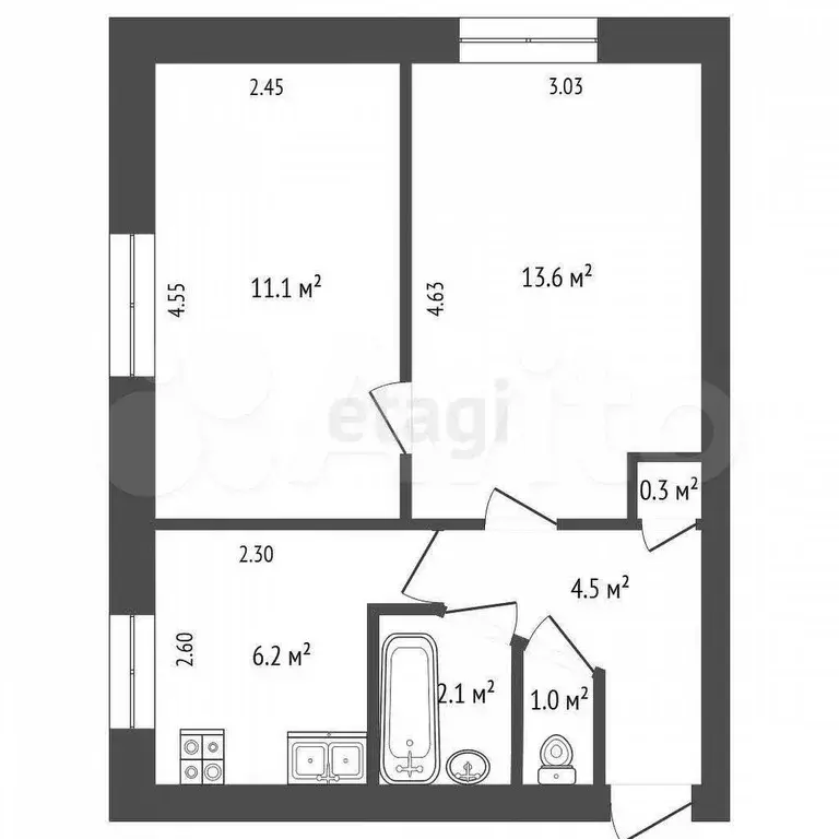 2-к. квартира, 38,8 м, 2/5 эт. - Фото 0