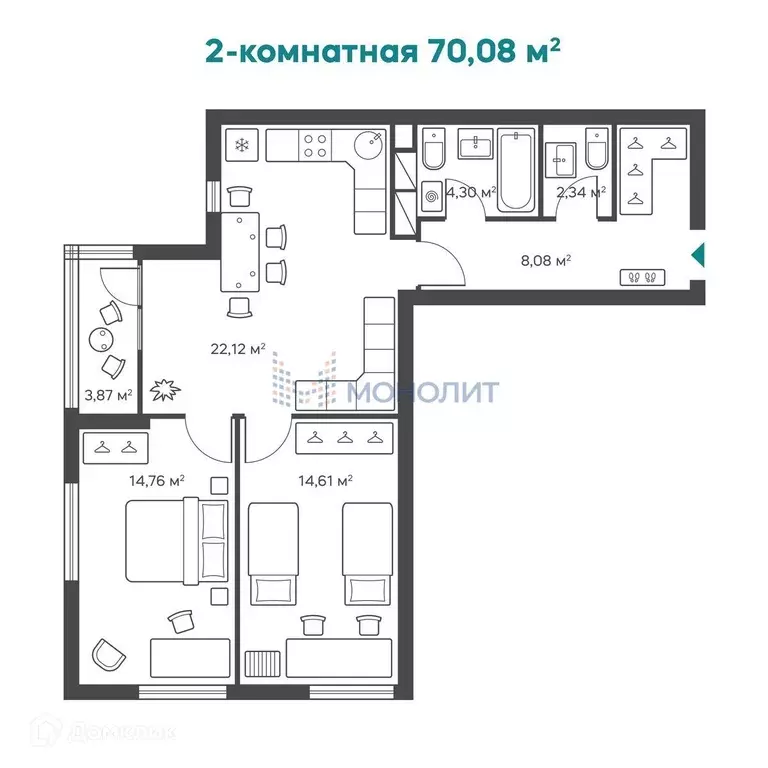 Продаётся 2-к квартира, 71.2 м - Фото 0