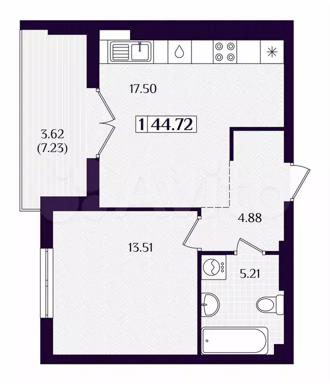1-к. квартира, 44,7 м, 3/7 эт. - Фото 1
