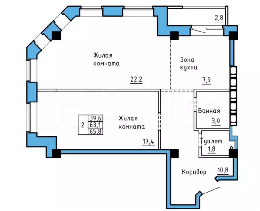 2-к. квартира, 64,1 м, 2/9 эт. - Фото 1