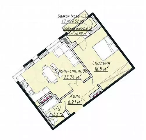 1-к. квартира, 55,3 м, 6/7 эт. - Фото 0