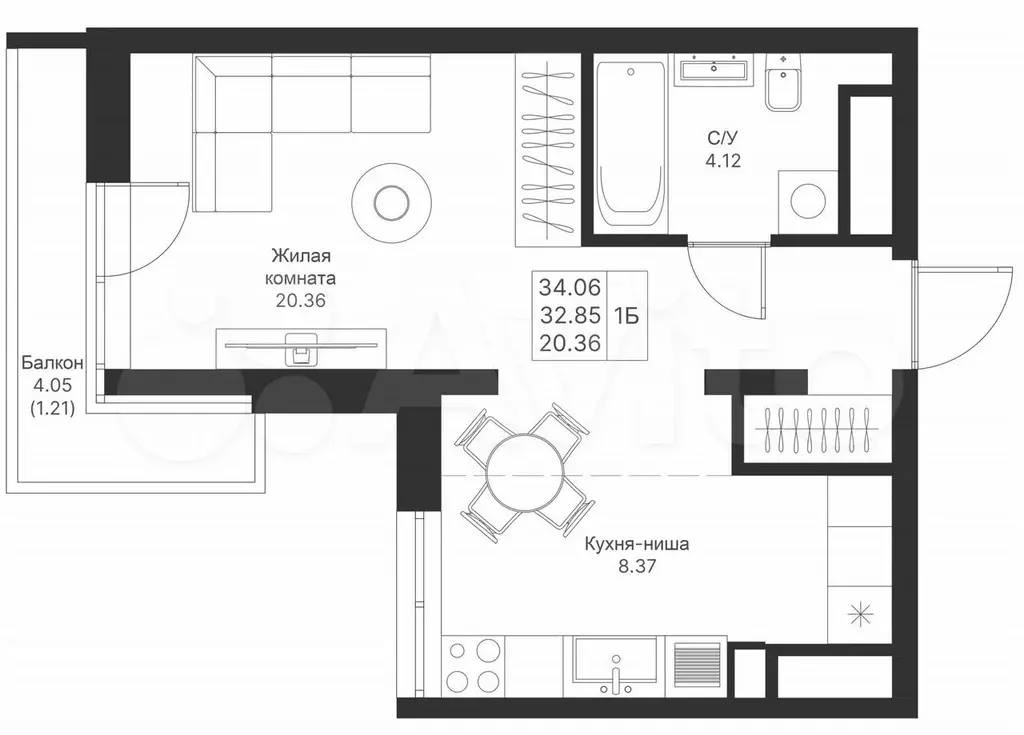 1-к. квартира, 34,1 м, 19/25 эт. - Фото 0