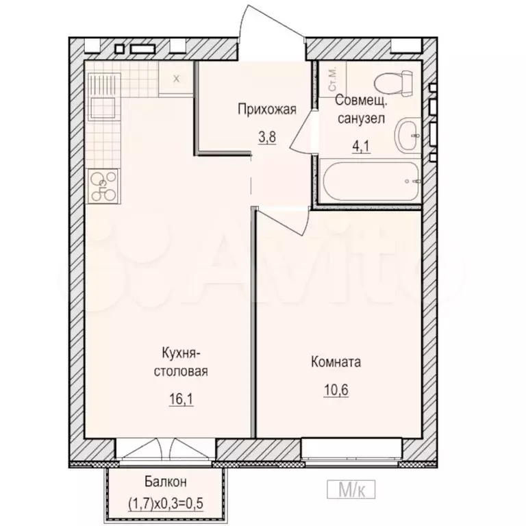 1-к. квартира, 34,6 м, 5/6 эт. - Фото 0