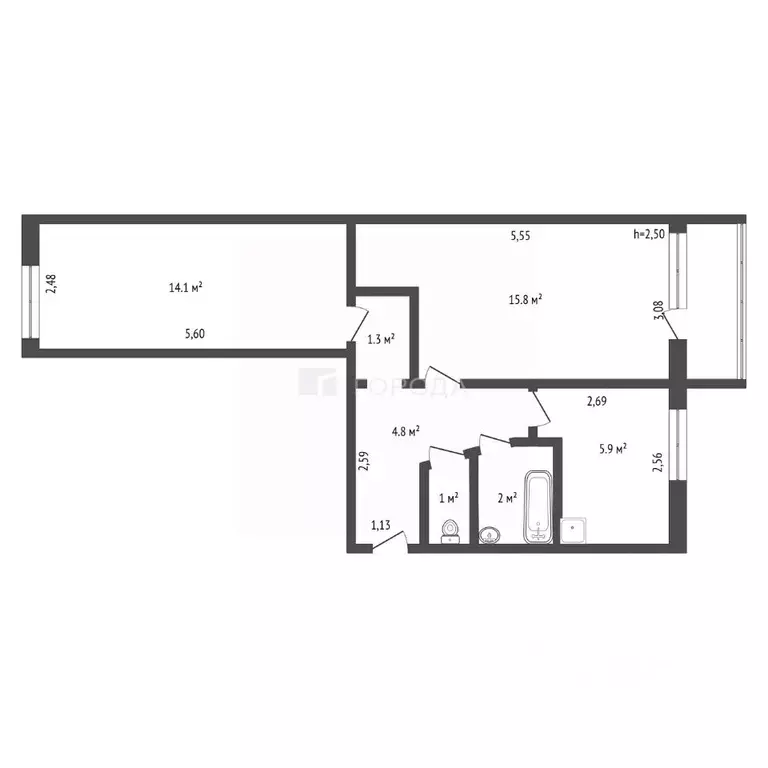 2-к кв. Алтайский край, Барнаул ул. 80-й Гвардейской Дивизии, 14 (44.9 ... - Фото 2