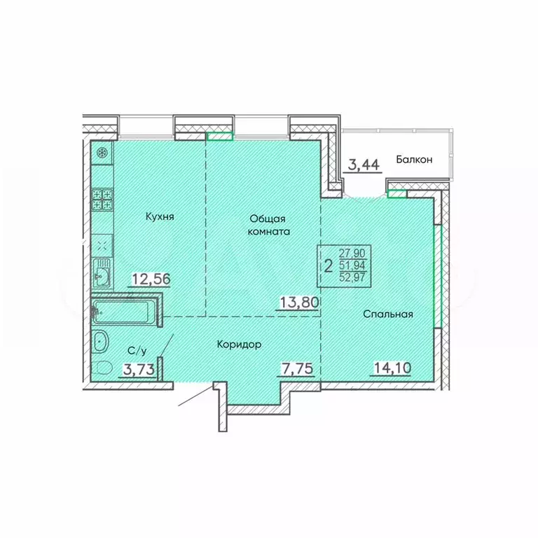2-к. квартира, 53 м, 5/9 эт. - Фото 0