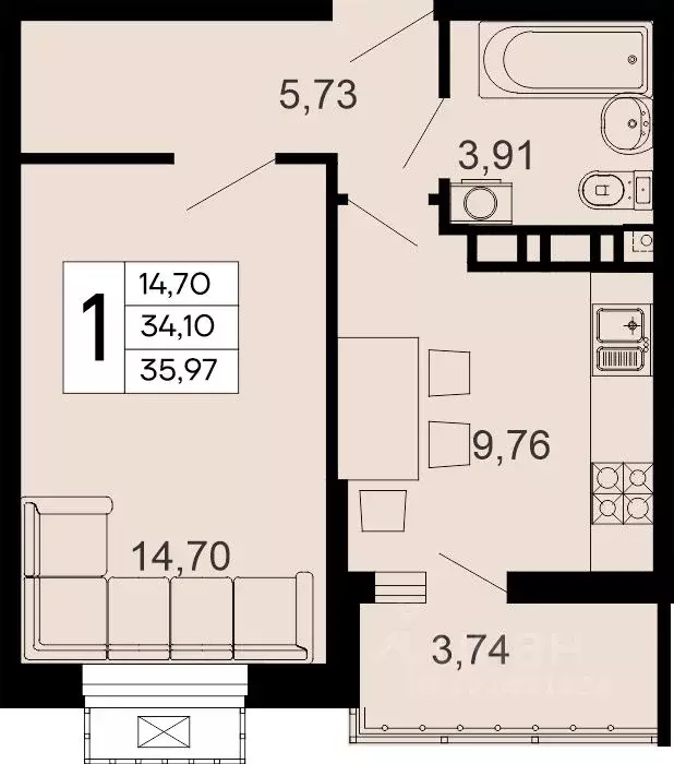 1-к кв. Адыгея, Майкоп 9 Мая ул. (35.97 м) - Фото 1