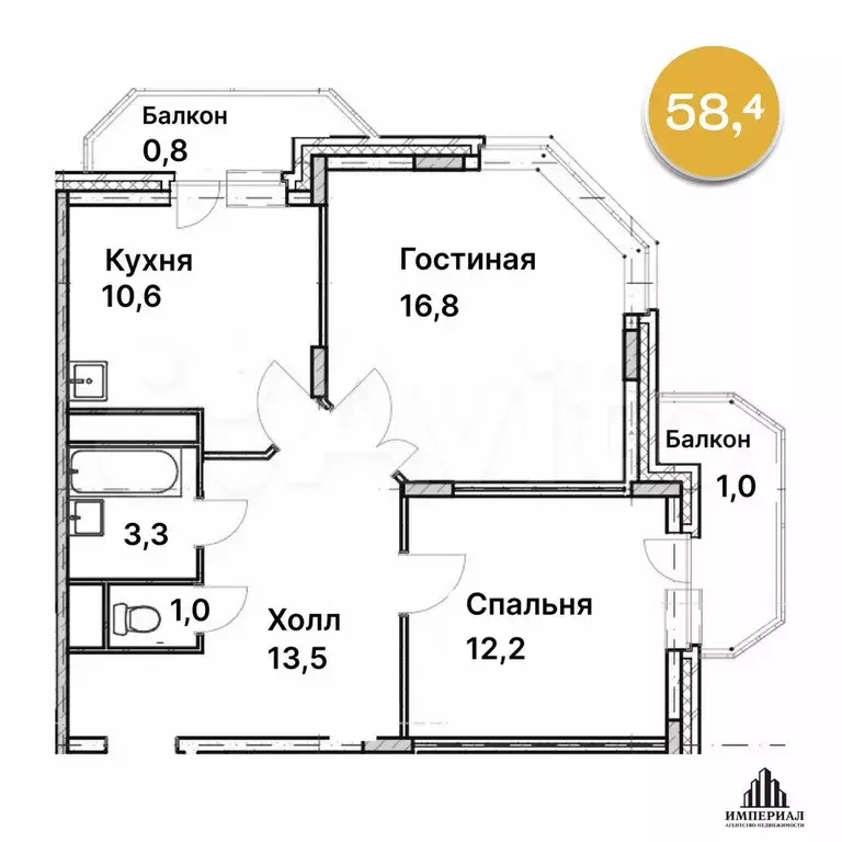 2-к. квартира, 58,4 м, 2/14 эт. - Фото 0