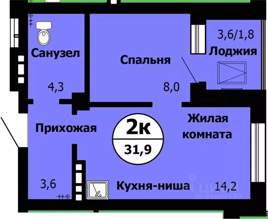 2-к кв. Красноярский край, Красноярск Лесопарковая ул., 43 (32.3 м) - Фото 0