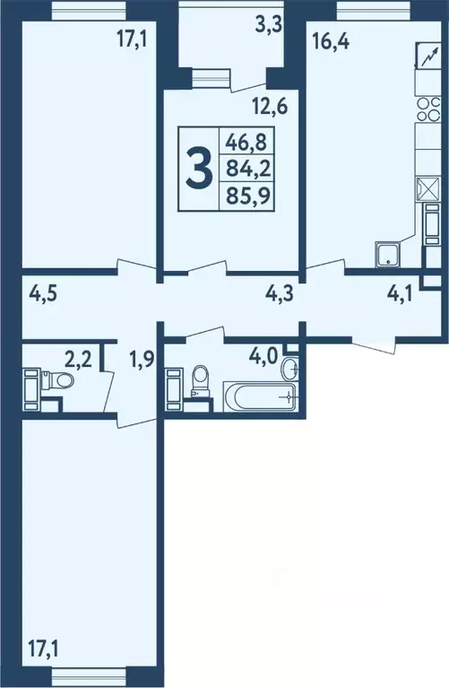 3-к кв. Башкортостан, Уфа ул. Мечтателей, 17 (85.6 м) - Фото 1