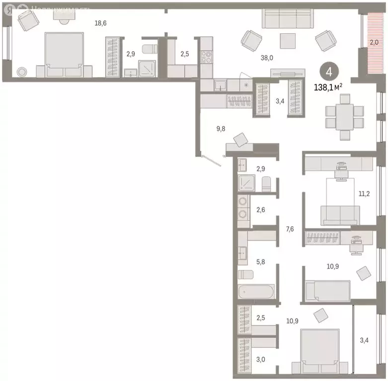 4-комнатная квартира: Тюмень, улица Республики, 205к1 (138.2 м) - Фото 2