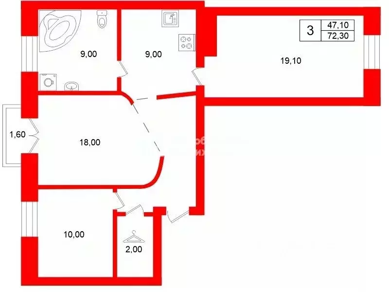 3-к кв. Санкт-Петербург ул. Фрунзе, 23 (72.3 м) - Фото 2