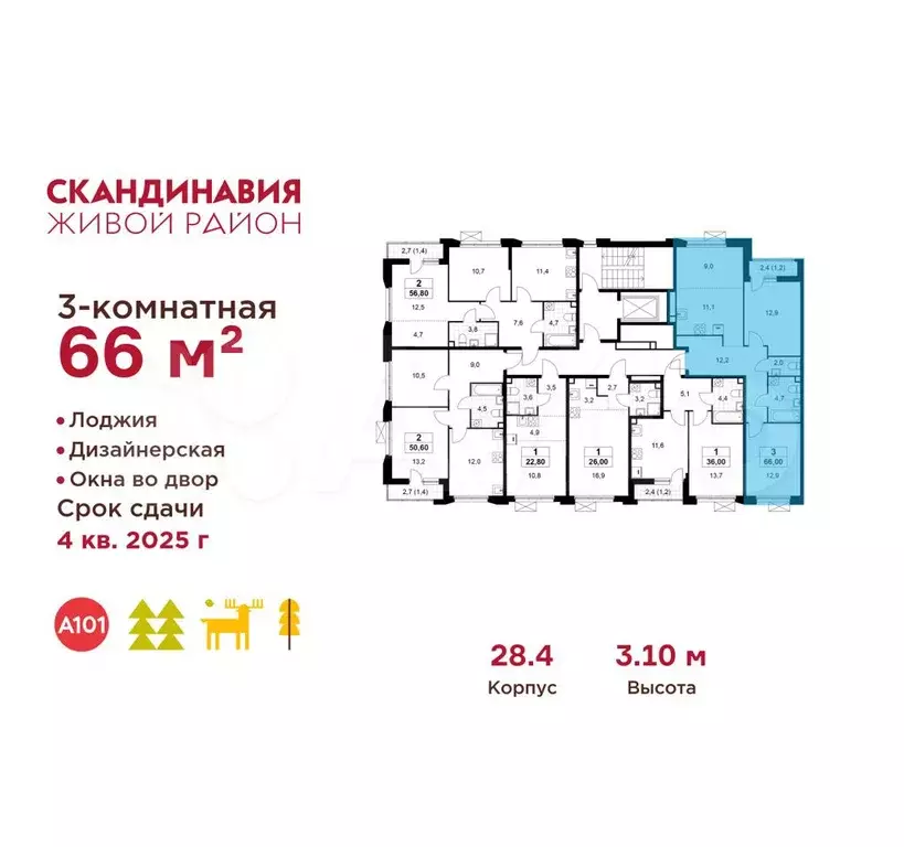 3-к. квартира, 66 м, 2/9 эт. - Фото 1