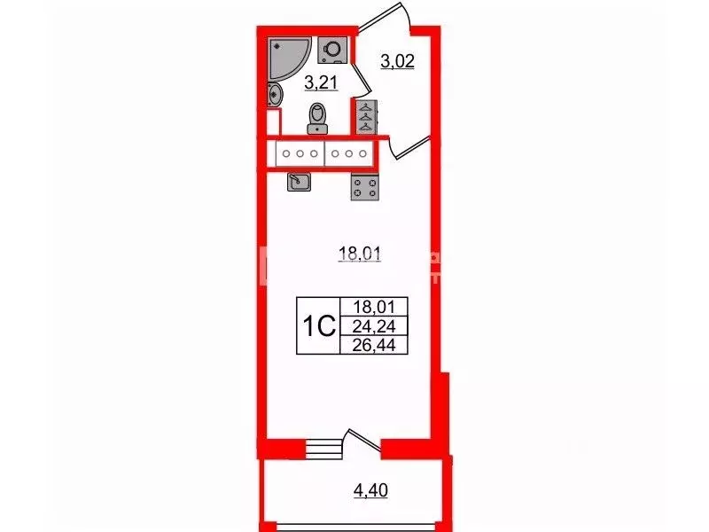 Студия Санкт-Петербург ул. Ультрамариновая, 5 (23.8 м) - Фото 2