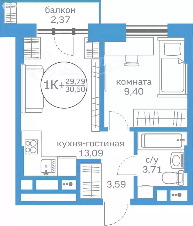 1-комнатная квартира: Тюмень, Краснооктябрьская улица, 16к1 (29 м) - Фото 1