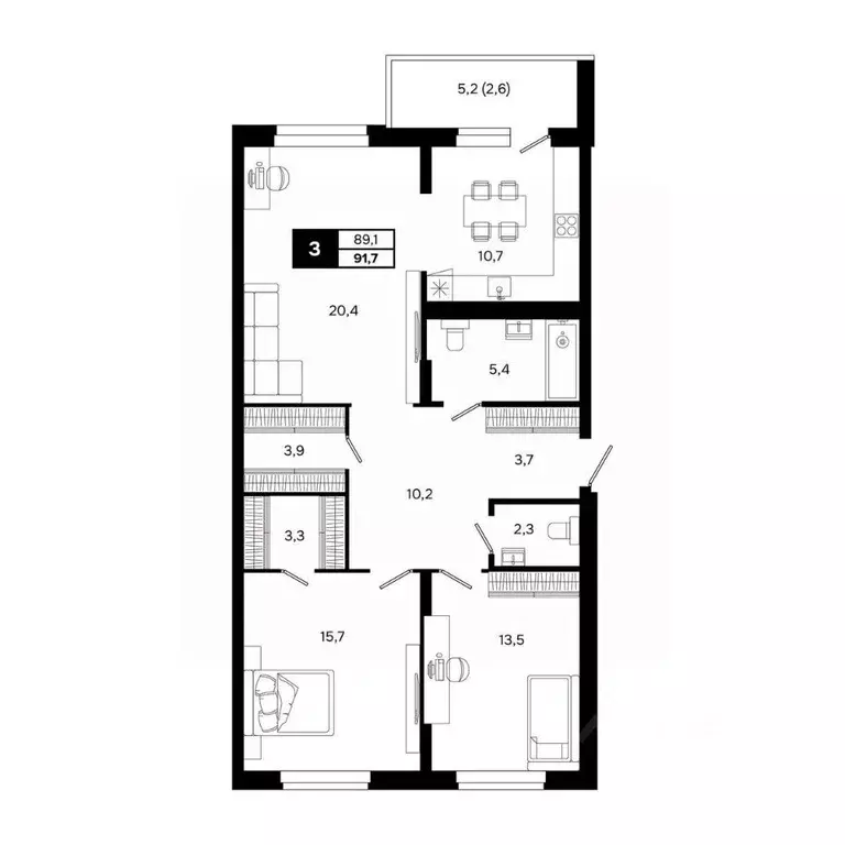 3-к кв. Новосибирская область, Кольцово рп, 5-й мкр  (91.7 м) - Фото 2