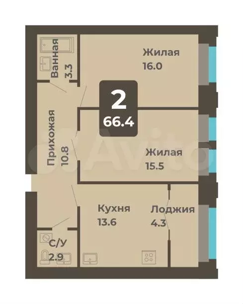 2-к. квартира, 66,4 м, 6/7 эт. - Фото 0