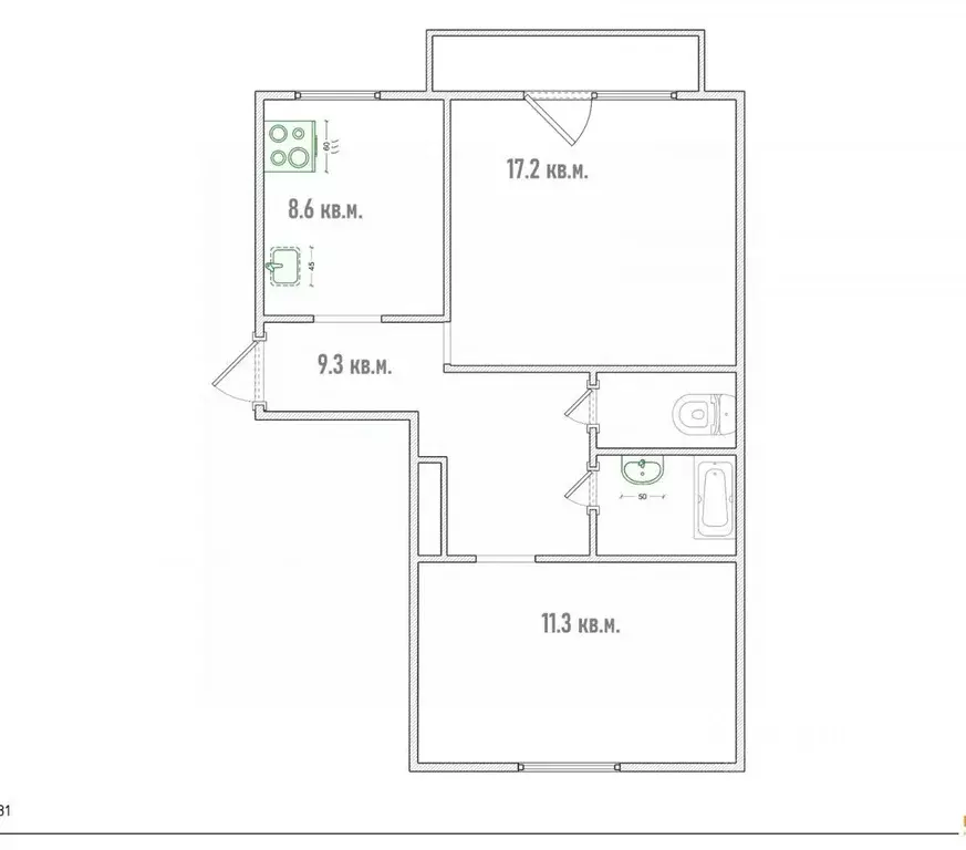 2-к кв. Омская область, Омск Краснознаменная ул., 22 (50.8 м) - Фото 1