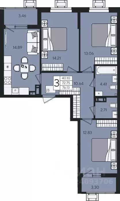 3-к кв. Краснодарский край, Краснодар  (76.13 м) - Фото 2