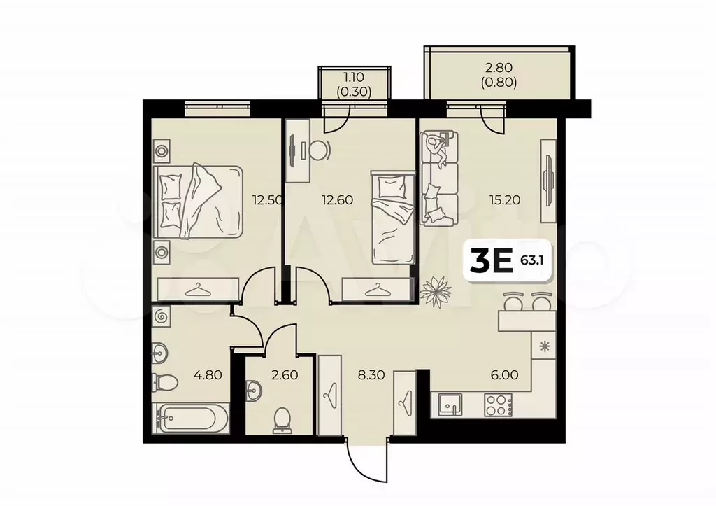 3-к. квартира, 63,1 м, 3/8 эт. - Фото 0