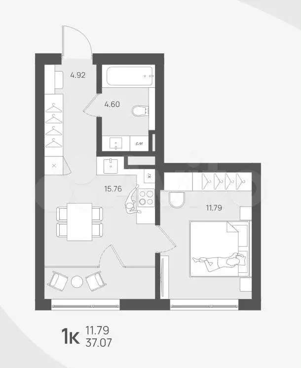 1-к. квартира, 37,1 м, 1/4 эт. - Фото 1
