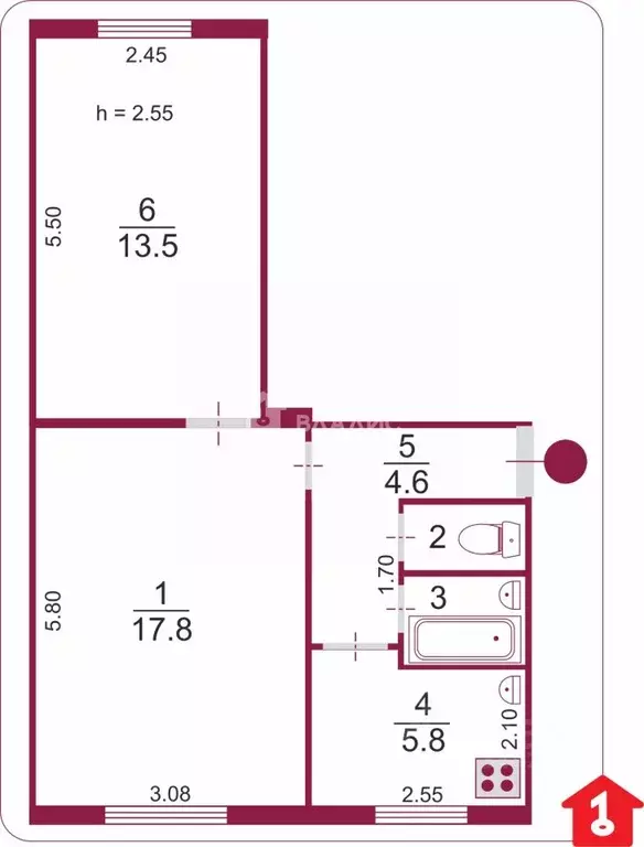 2-к кв. Омская область, Омск ул. 75-й Гвардейской Бригады, 6 (45.1 м) - Фото 2