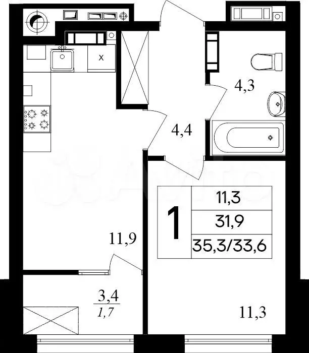1-к. квартира, 35,3 м, 7/8 эт. - Фото 0