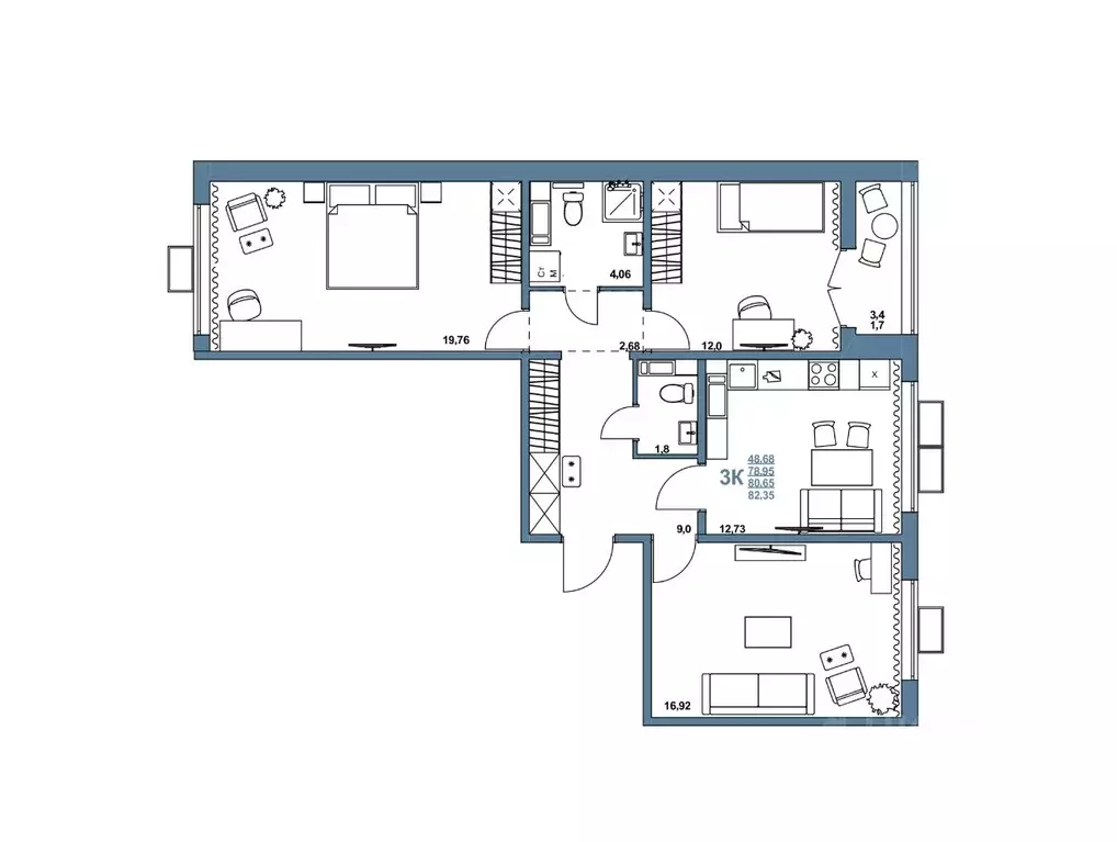 3-к кв. Челябинская область, Челябинск ул. Блюхера, 2.3.1 (80.66 м) - Фото 2