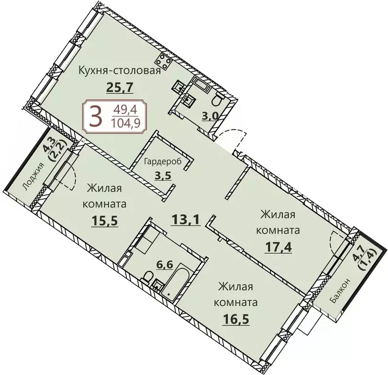 3-к кв. Чувашия, Чебоксары ул. Герцена, поз3 (104.9 м) - Фото 0