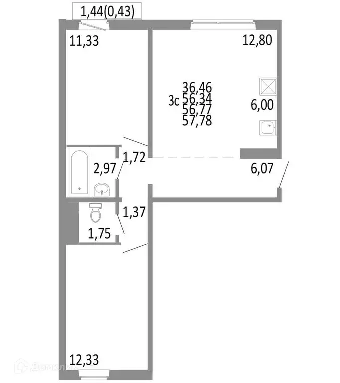 Продаётся 3-к квартира, 56.77 м - Фото 0