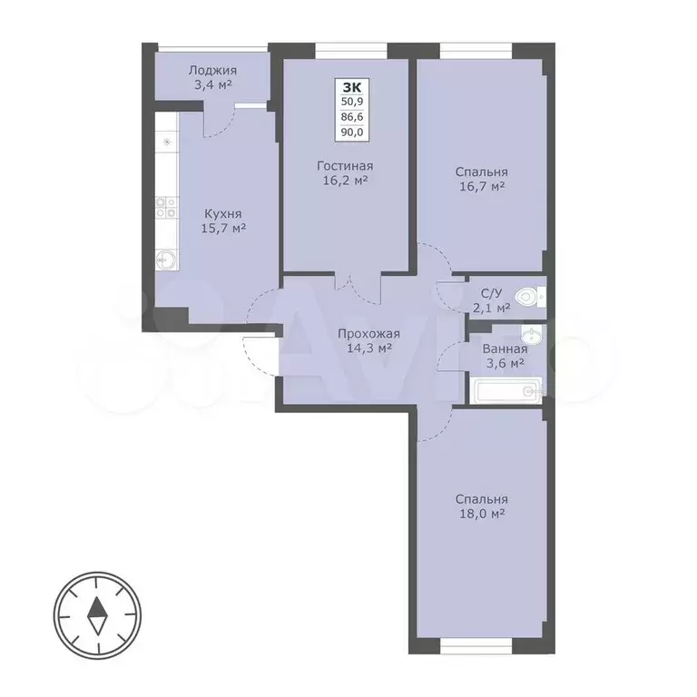 3-к. квартира, 90 м, 7/19 эт. - Фото 0