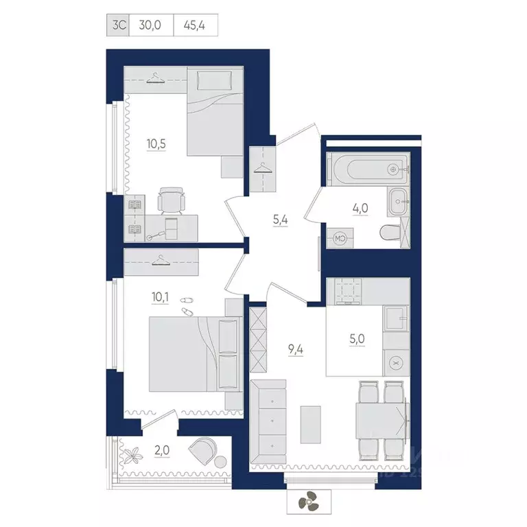 3-к кв. Башкортостан, Уфа Дема жилрайон, Экогород Яркий мкр,  (45.4 м) - Фото 1