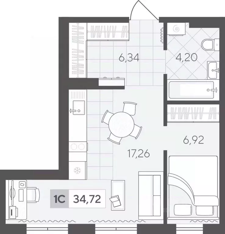 1-к кв. Тюменская область, Тюмень Гилевский жилрайон,  (34.72 м) - Фото 1