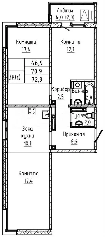 3-к. квартира, 72,9 м, 15/17 эт. - Фото 1