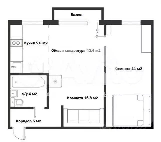 2-к. квартира, 42,4 м, 5/5 эт. - Фото 1