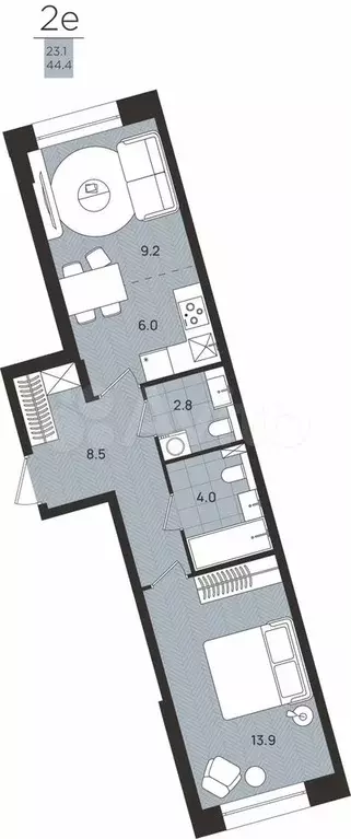 2-к. квартира, 44,4 м, 1/8 эт. - Фото 0