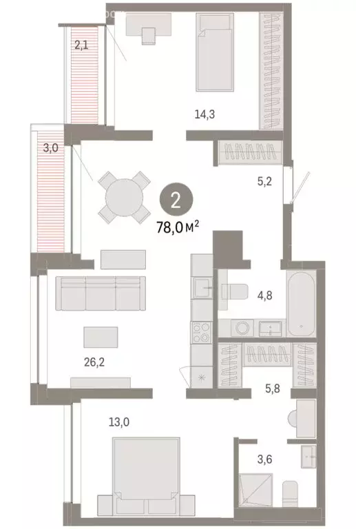 2-комнатная квартира: Тюмень, улица Муравленко, 9/2 (78.02 м) - Фото 1