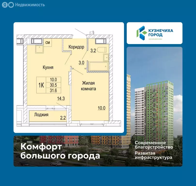 1-комнатная квартира: Нижний Новгород, ЖК Кузнечиха Город (31.6 м) - Фото 1