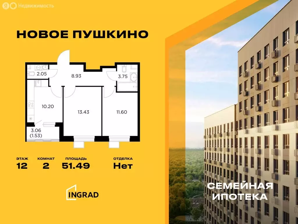 2-комнатная квартира: Пушкино, микрорайон Новое Пушкино, к20 (51.49 м) - Фото 0