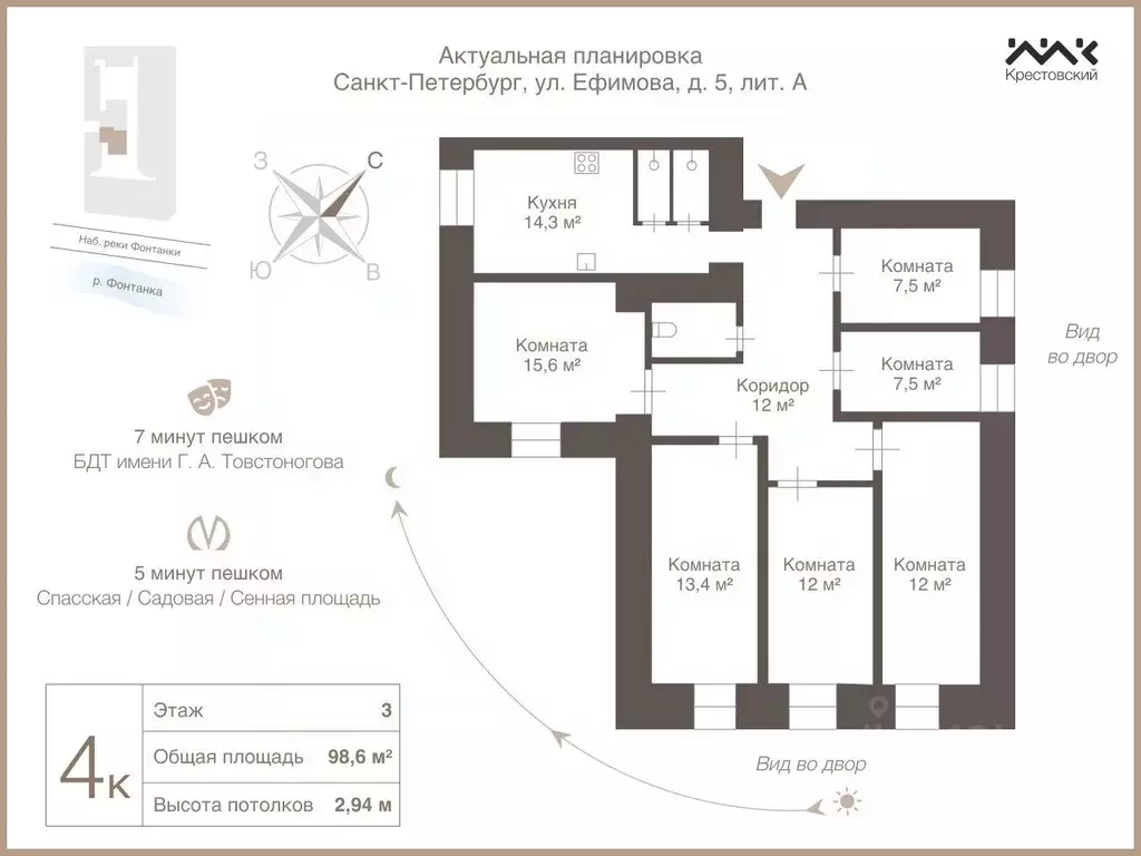 6-к кв. Санкт-Петербург ул. Ефимова, 5 (98.6 м) - Фото 2