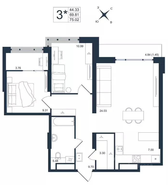3-к кв. Приморский край, Владивосток Архитектор жилой комплекс (75.02 ... - Фото 1