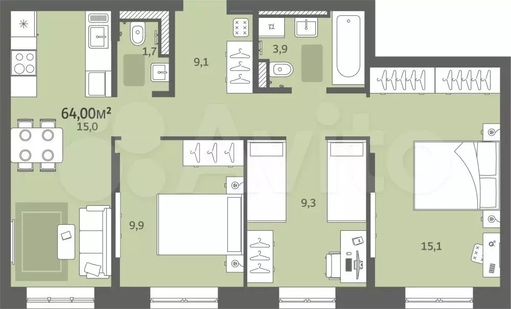 3-к. квартира, 64 м, 3/5 эт. - Фото 0