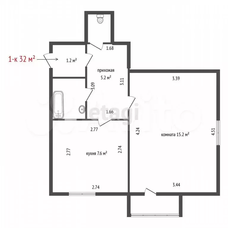 1-к. квартира, 32 м, 3/4 эт. - Фото 1