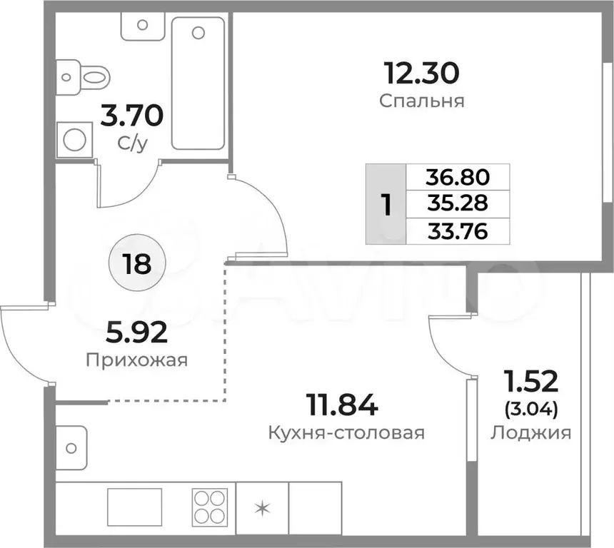 1-к. квартира, 35,3 м, 5/9 эт. - Фото 1