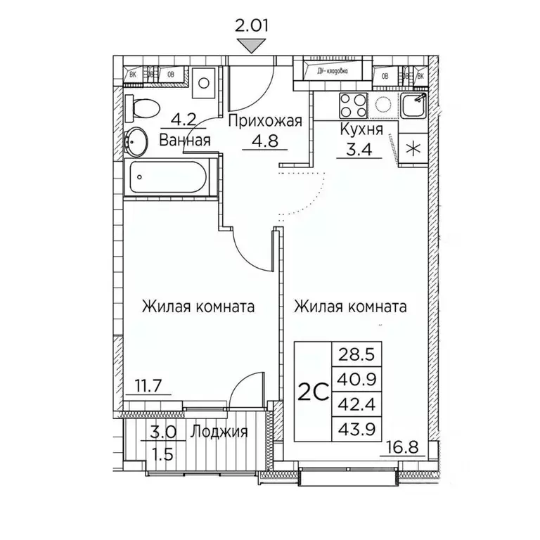 2-к кв. Приморский край, Владивосток ул. Расула Гамзатова, 7к2 (43.9 ... - Фото 1